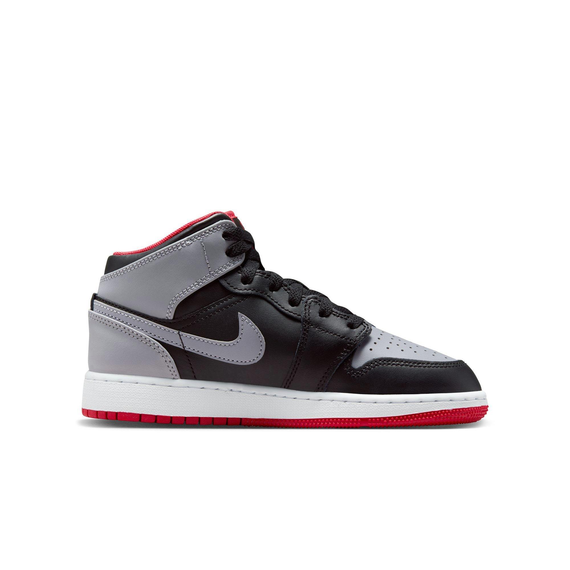Jordan 1 Mid Grade School Boys Black Cement Grey Fire Red White Shoe